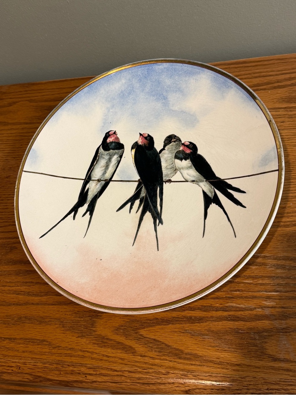 Antique Villeroy & Boch Wallerfangen Wall Cabinet Plate Hand painted Birds